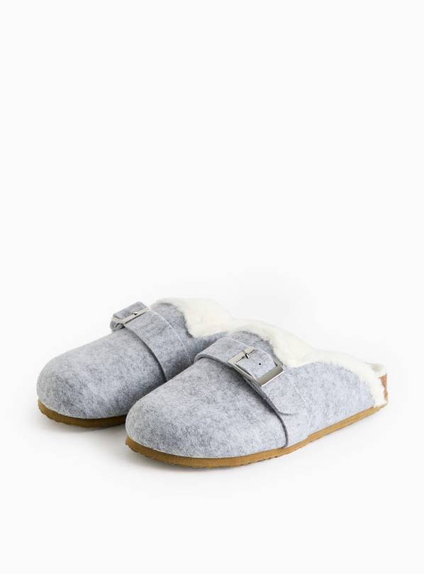 Grey Faux Fur Lined Closed Toe Mule Slipper S