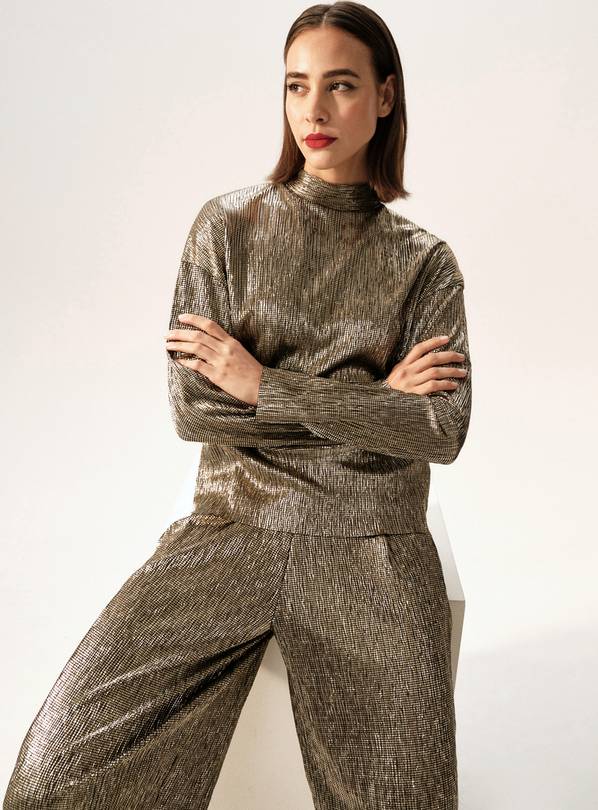 Gold Textured High Neck Long Sleeve Co-ord Top  16