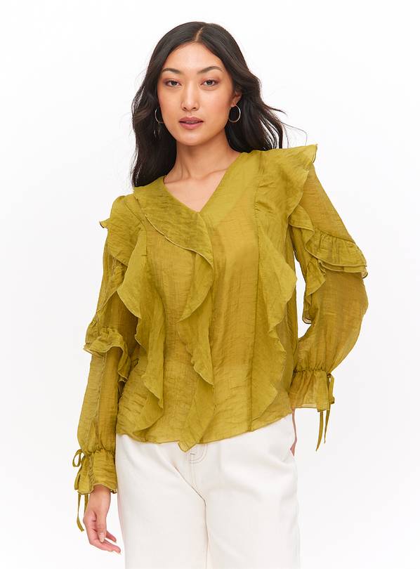 Green V-Neck Ruffle Blouse 20