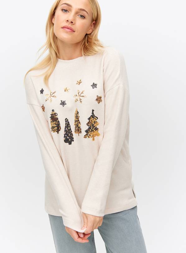 Cream Christmas Tree Sequin Soft-Touch Jumper L