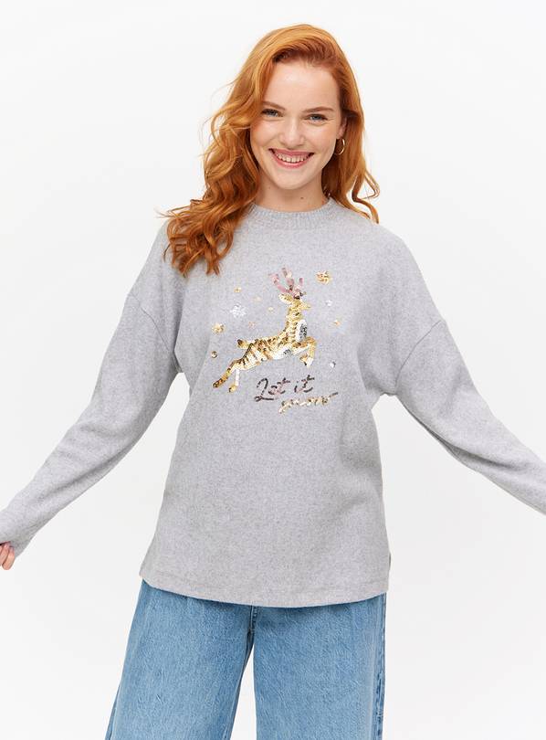 Grey Christmas Sequin Reindeer Soft-Touch Knitted Jumper M