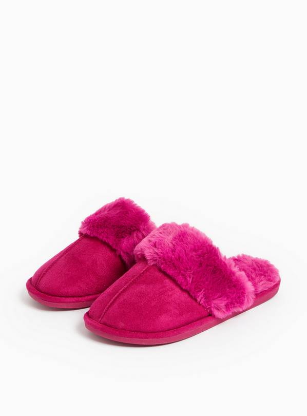 Bright Pink Faux Fur Trim Mule Slippers S