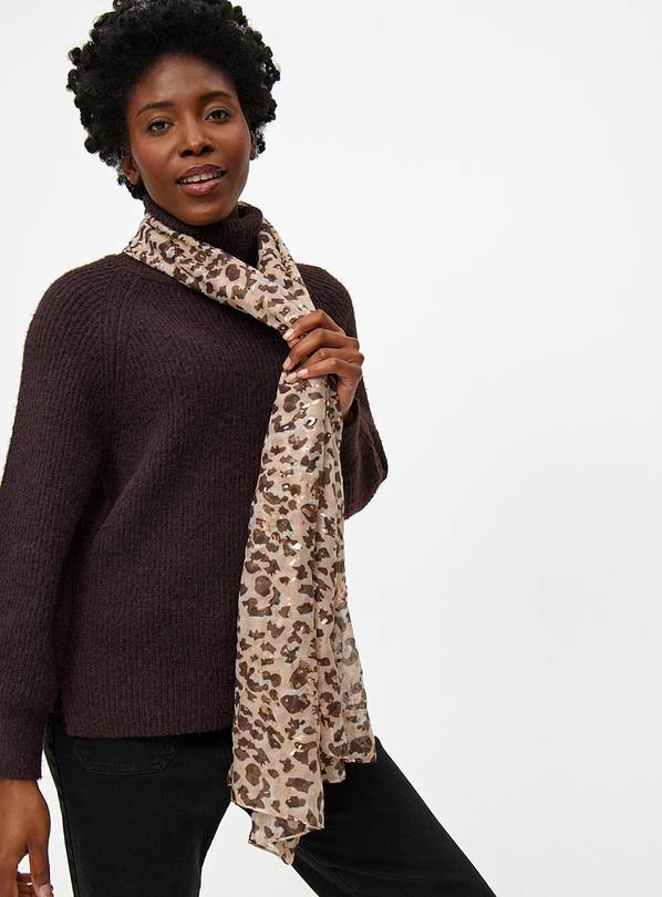 Beige Leopard Print Foil Lightweight Scarf One Size