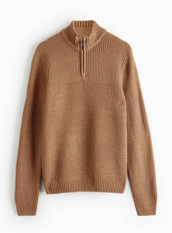 Brown Textured Quarter-Zip Jumper  L