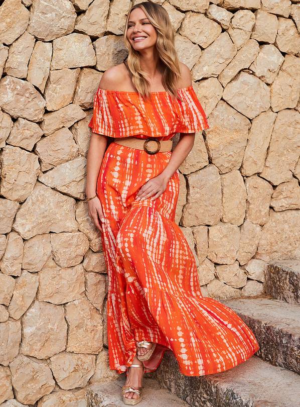 SOSANDAR Orange Bardot Tiered Maxi Dress 20