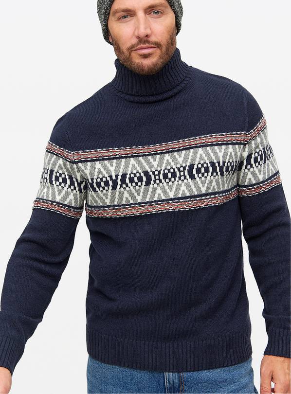 Navy Roll Neck Fair Isle Jumper L