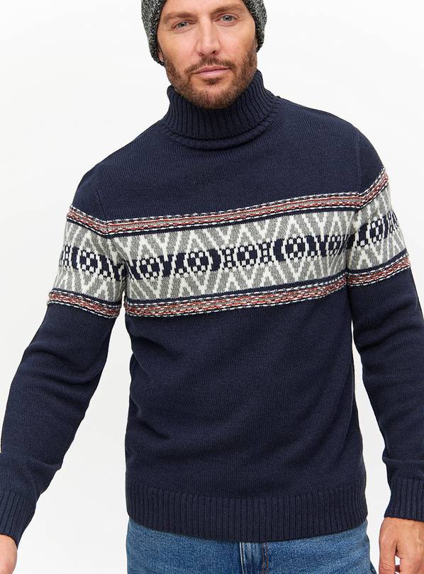 Navy Roll Neck Fair Isle Jumper L