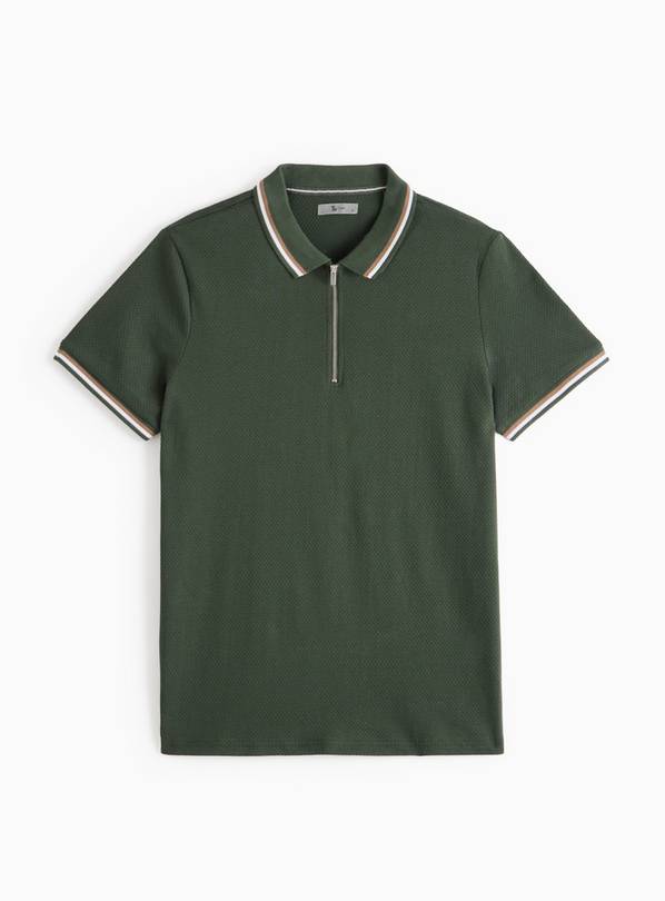 Green Textured Tipped Polo Shirt XL