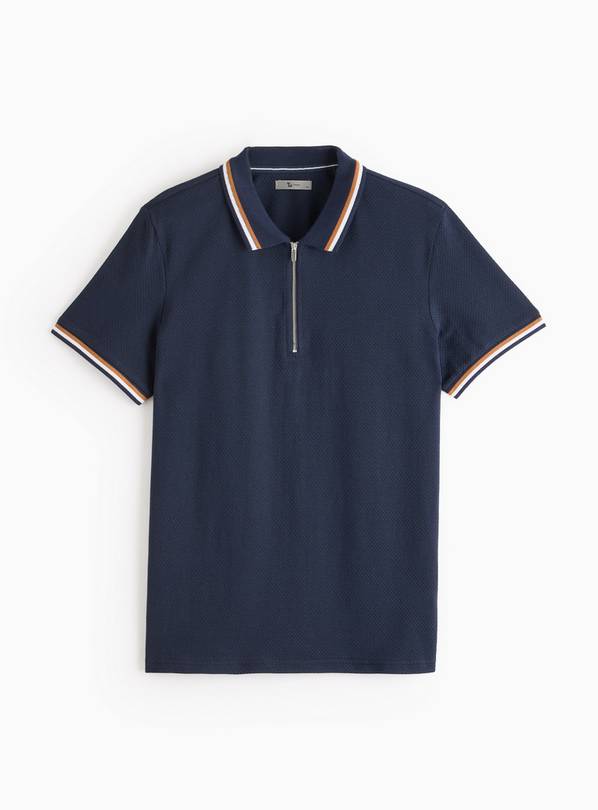 Navy Textured Tipped Polo Shirt S