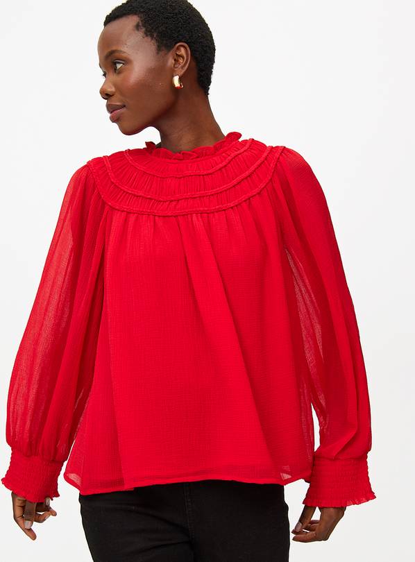 Red Shirred Detail Long Sleeve Blouse  10