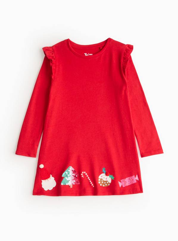 Red Jersey Festive Border Christmas Dress 1-2 years