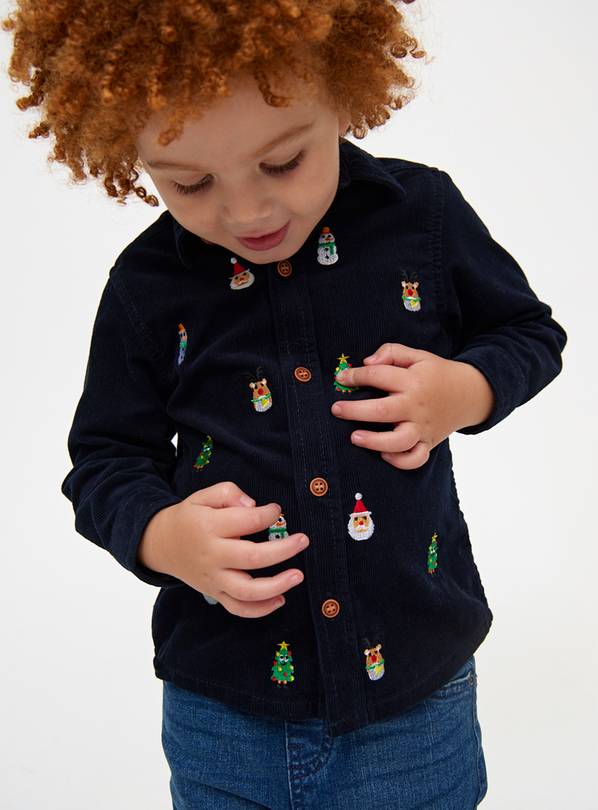 Navy Christmas Embroidered Shirt 1-2 years