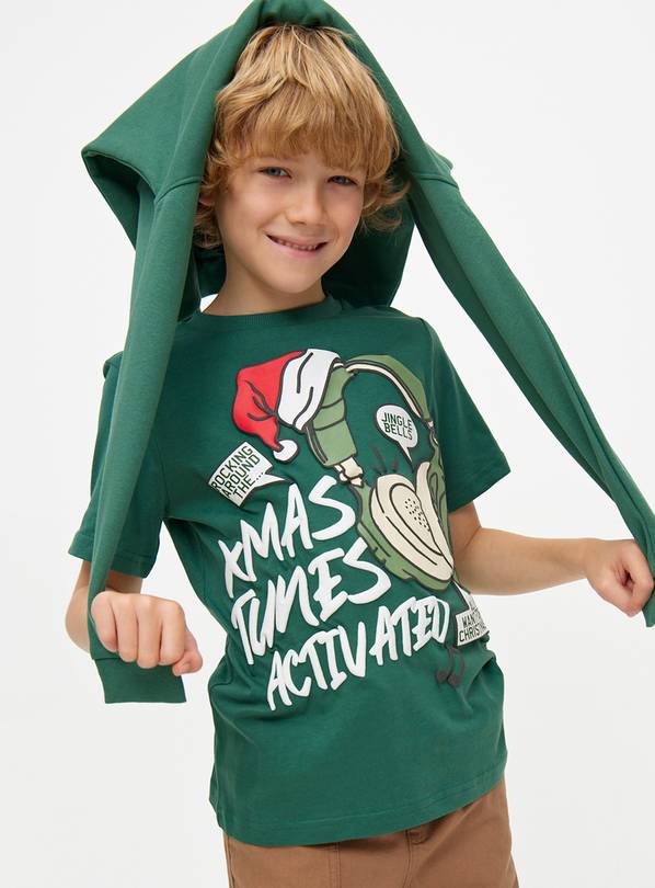 Green Christmas Headphones Print T-Shirt 13 years