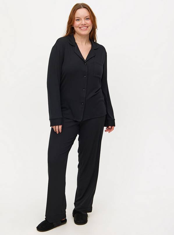 Black Modal Ribbed Traditional Pyjamas M