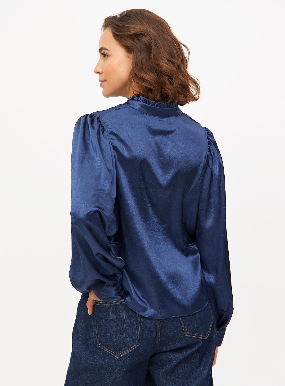 Navy Satin High Neck Long Sleeve Blouse 24 - Image 4 thumbnail