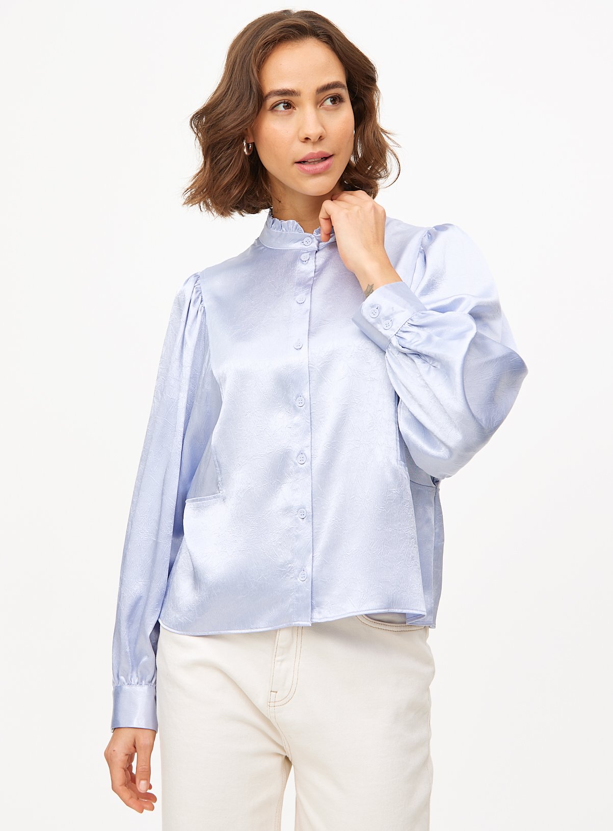 Lilac Satin High Neck Long Sleeve Blouse 22 - Image 1 thumbnail