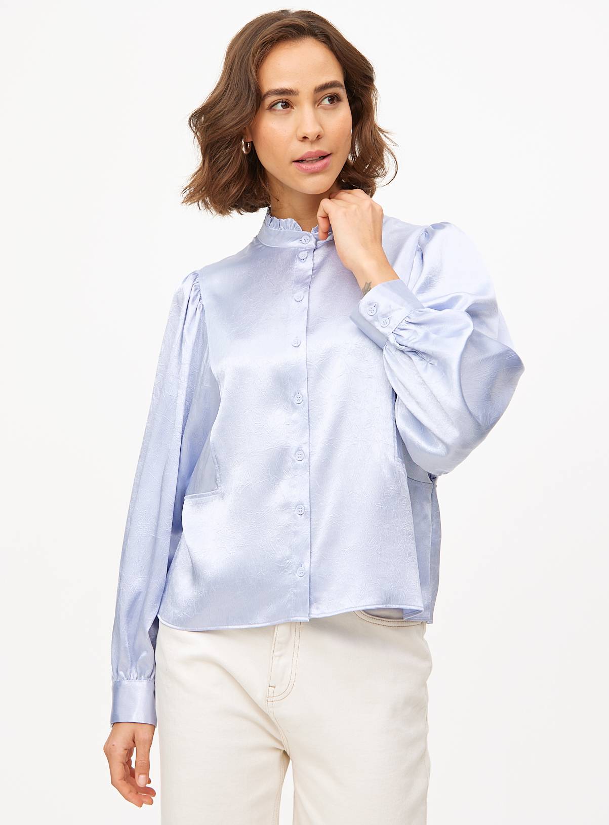 Lilac Satin High Neck Long Sleeve Blouse 22 - Image 1