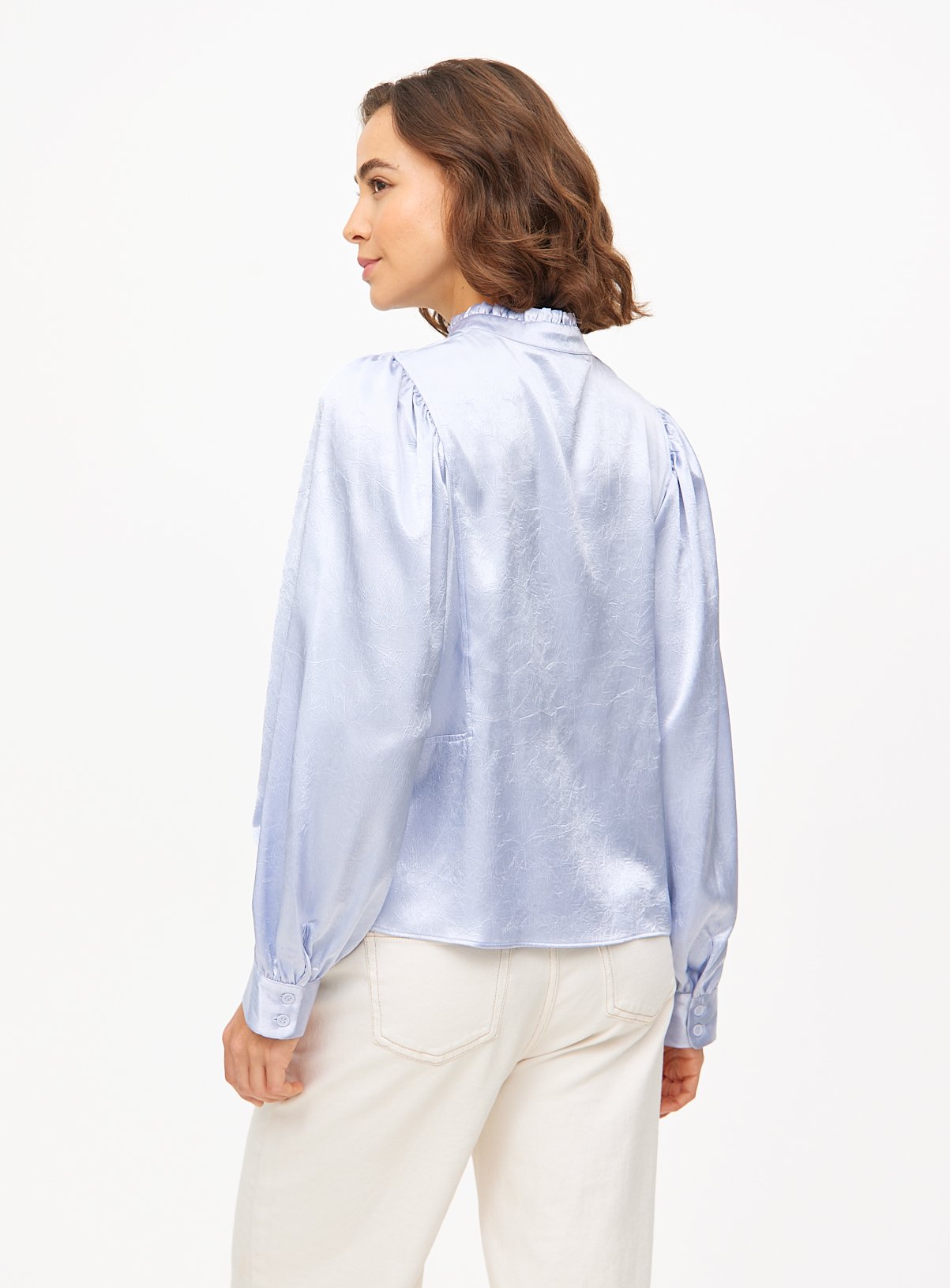 Lilac Satin High Neck Long Sleeve Blouse 22 - Image 4 thumbnail