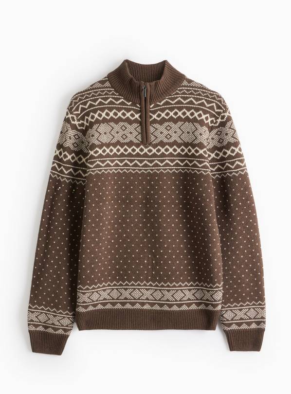 Brown Aztec Half Zip Jumper  L