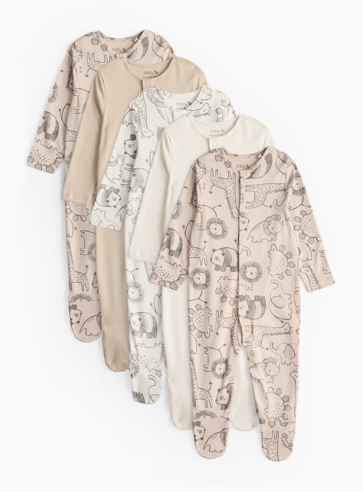 Neutral Safari Print Long Sleeve Sleepsuits 5 Pack Up to 1 mth