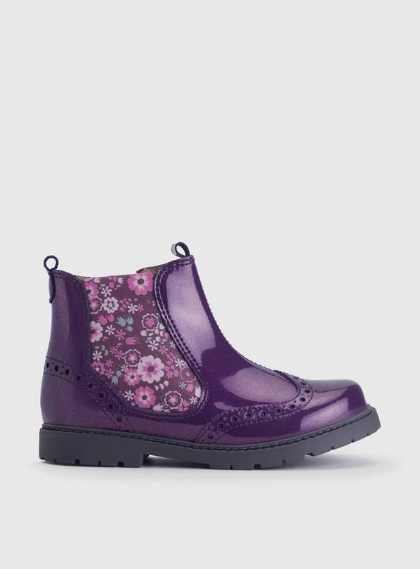 START-RITE Chelsea Brogue Blackcurrant/Floral Glitter Patent Leather Zip Up Boots 1