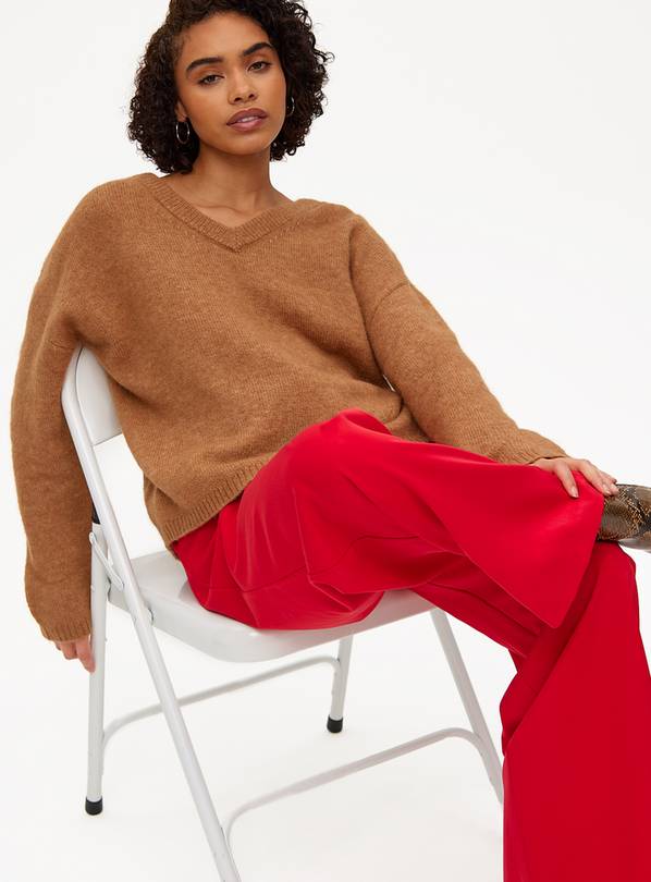 Camel V Neck Relaxed Knitted Jumper 24