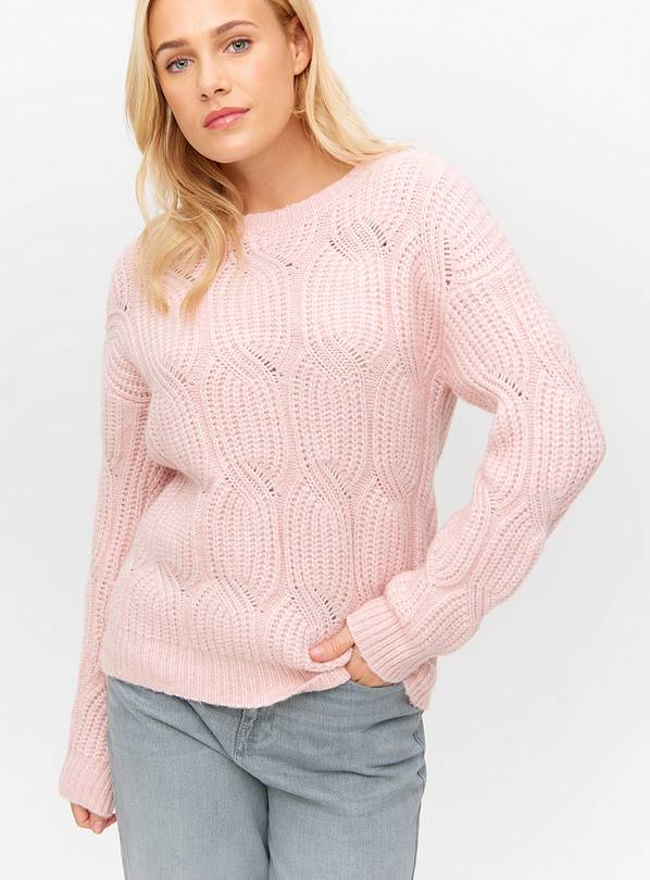 Pink Pointelle Cable Crew Neck Jumper 16