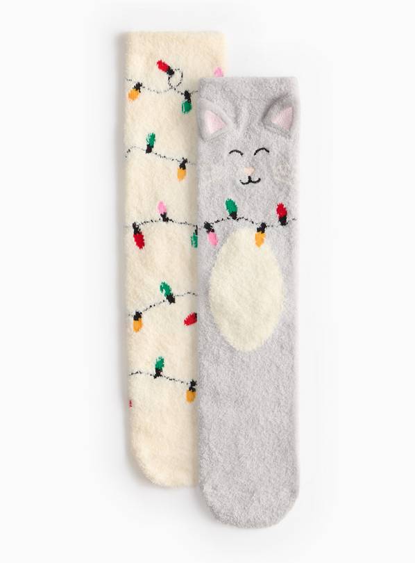 Christmas Lights & Cat Printed Cosy Socks 2 Pack 4-8