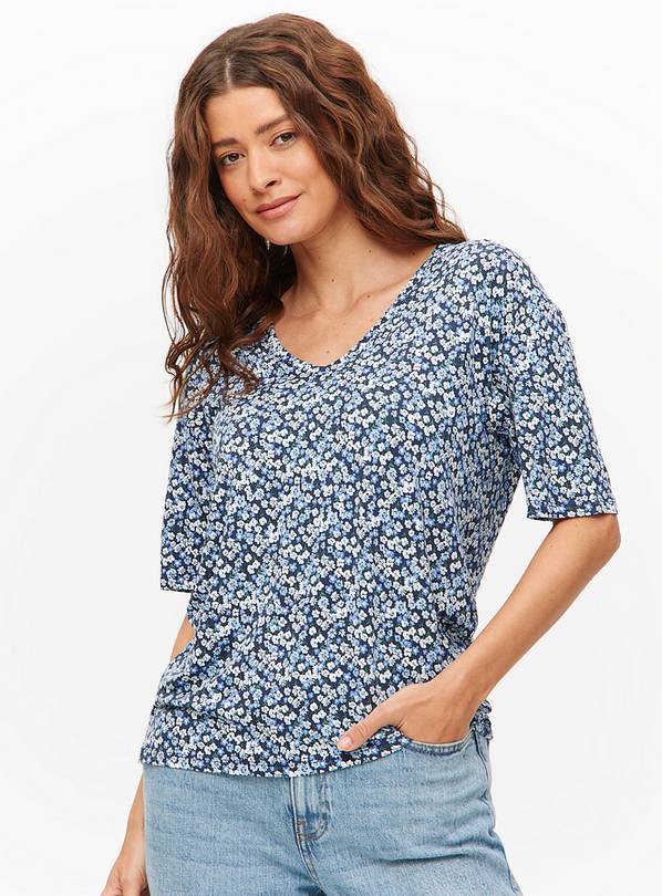 Blue Ditsy Print V Neck Relaxed T-Shirt 16