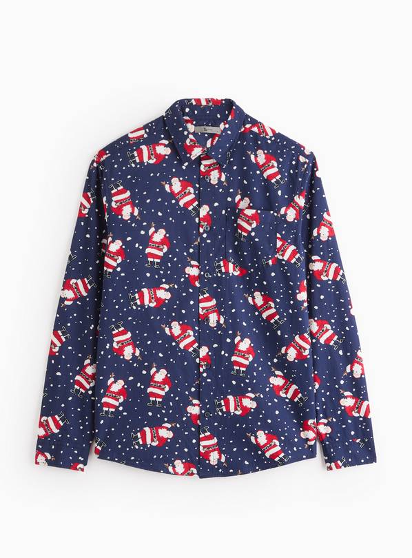 Navy Christmas Santa & Snow Printed Shirt S