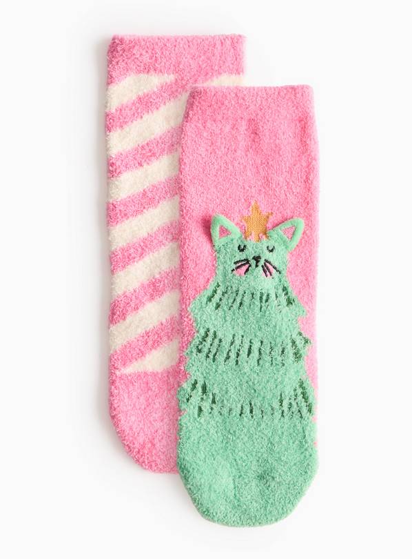 Pink Stripe & Cat Printed Cosy Socks 2 Pack 9-12