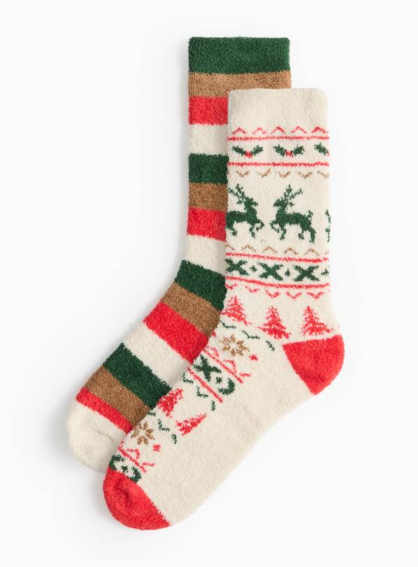 Christmas & Stripe Print Cosy Socks 2 Pack 6-11