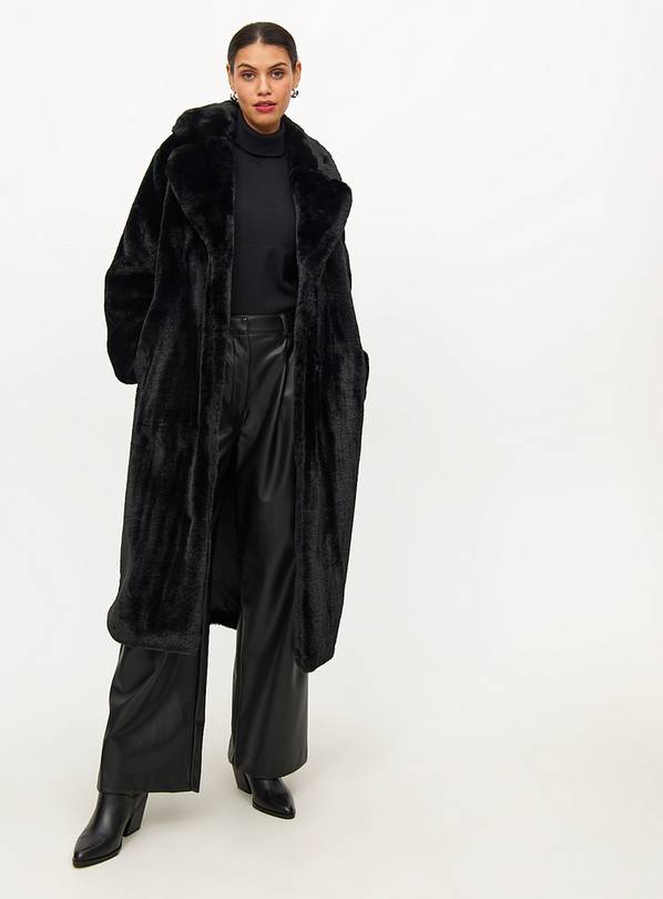 Black Tailored Longline Faux Fur Coat L