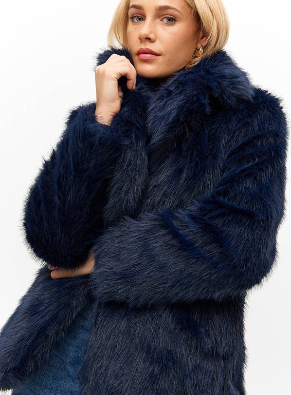 Navy Tailored Mid-Length Faux Fur Coat S