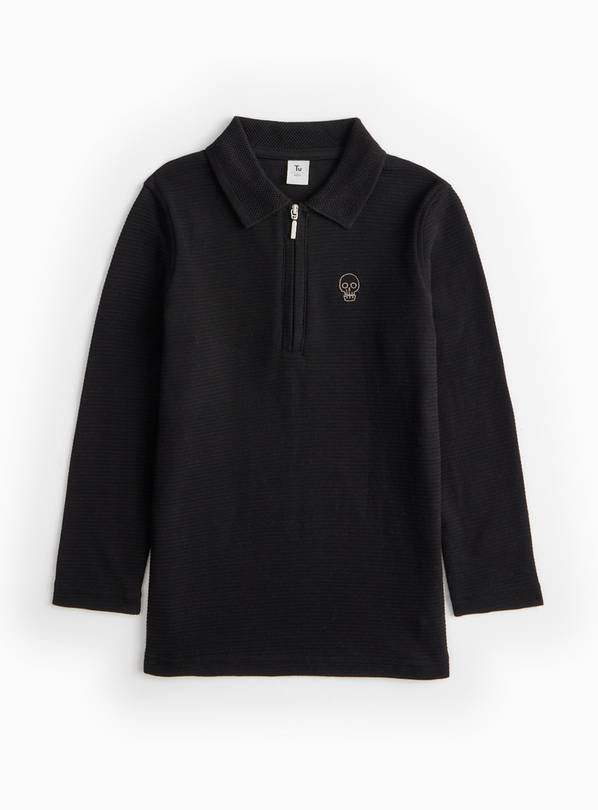 Black Textured Long Sleeve Skull Polo Top 10 years