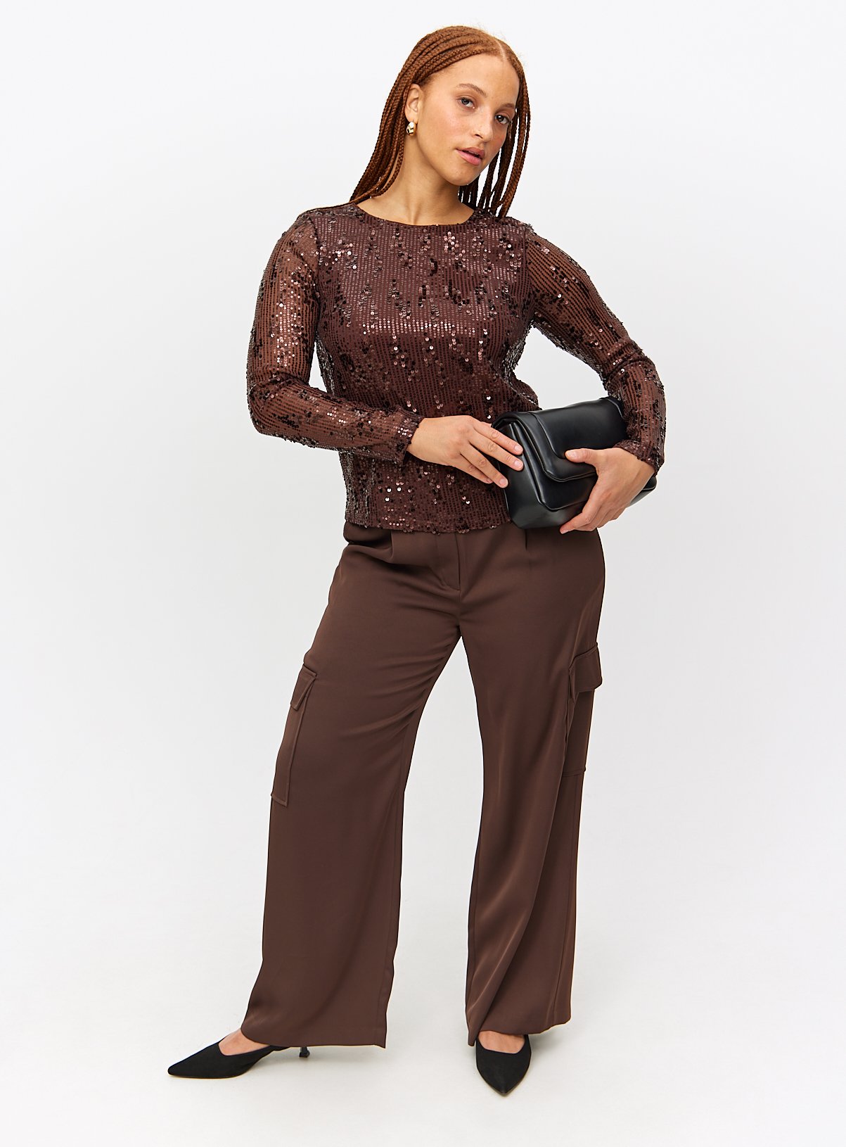 Brown Sequin Embellished Long Sleeve Top 12 - Image 1 thumbnail