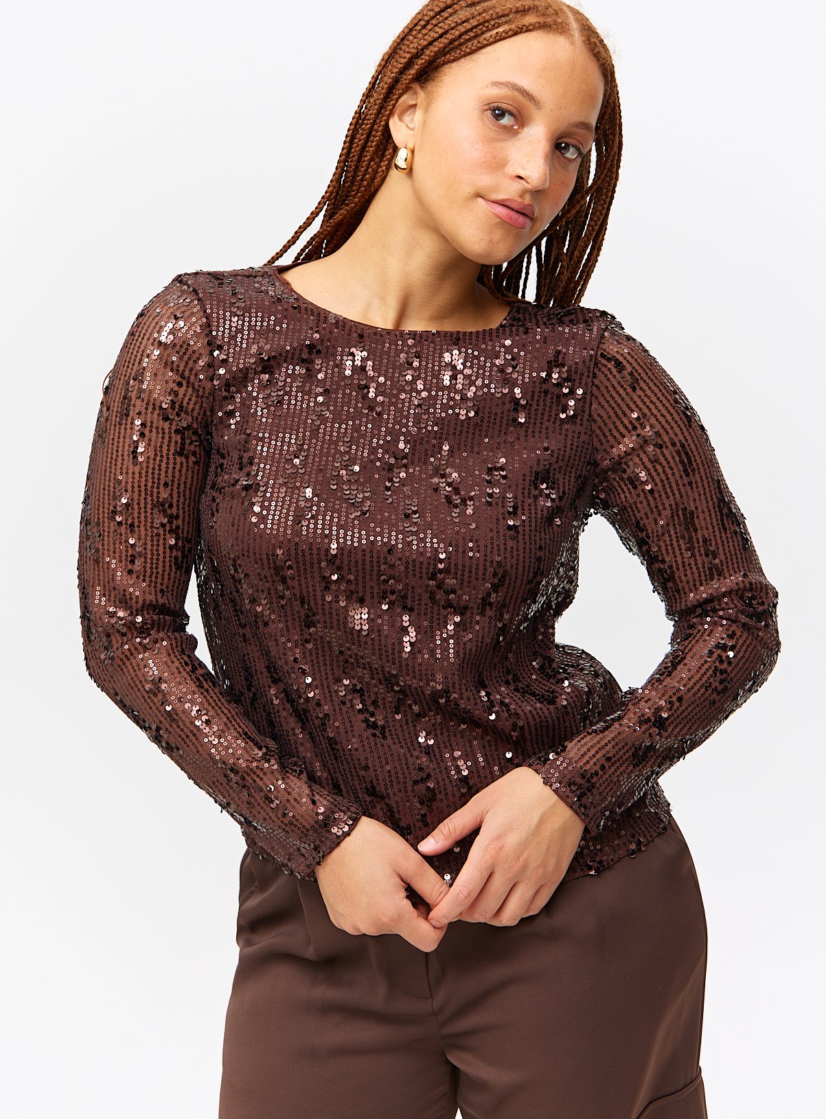 Brown Sequin Embellished Long Sleeve Top 12 - Image 3 thumbnail
