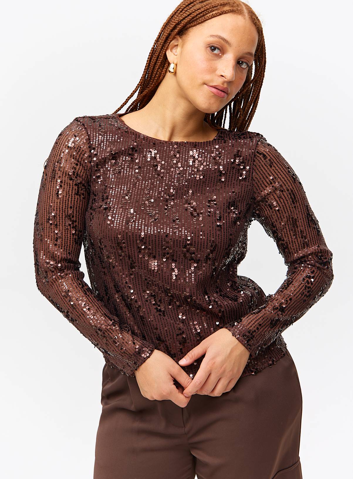 Brown Sequin Embellished Long Sleeve Top 12 - Image 3