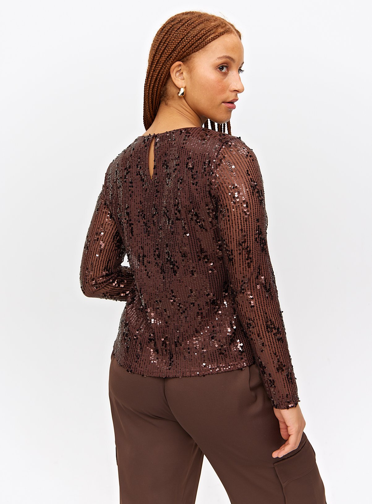 Brown Sequin Embellished Long Sleeve Top 12 - Image 4 thumbnail