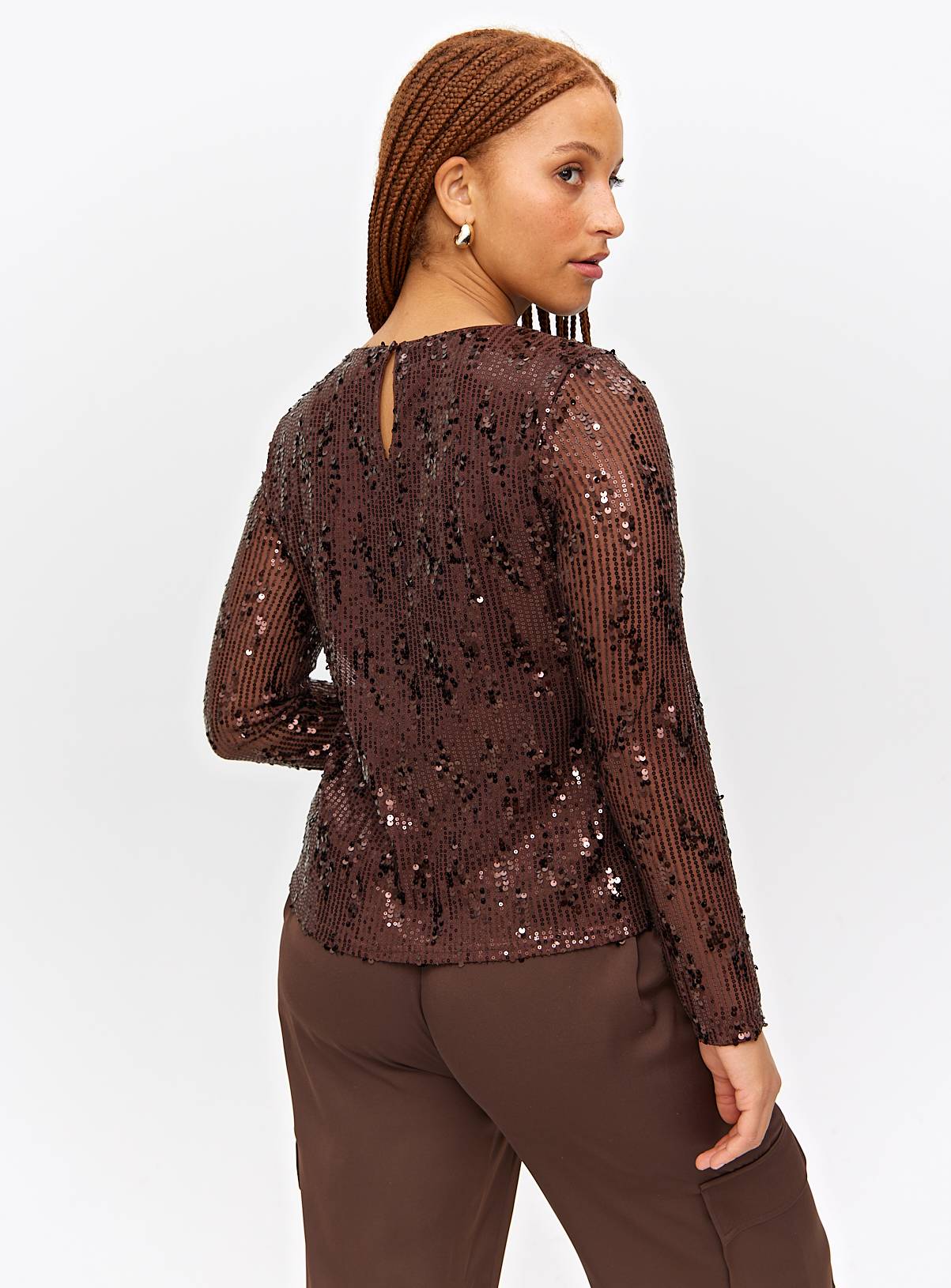Brown Sequin Embellished Long Sleeve Top 12 - Image 4