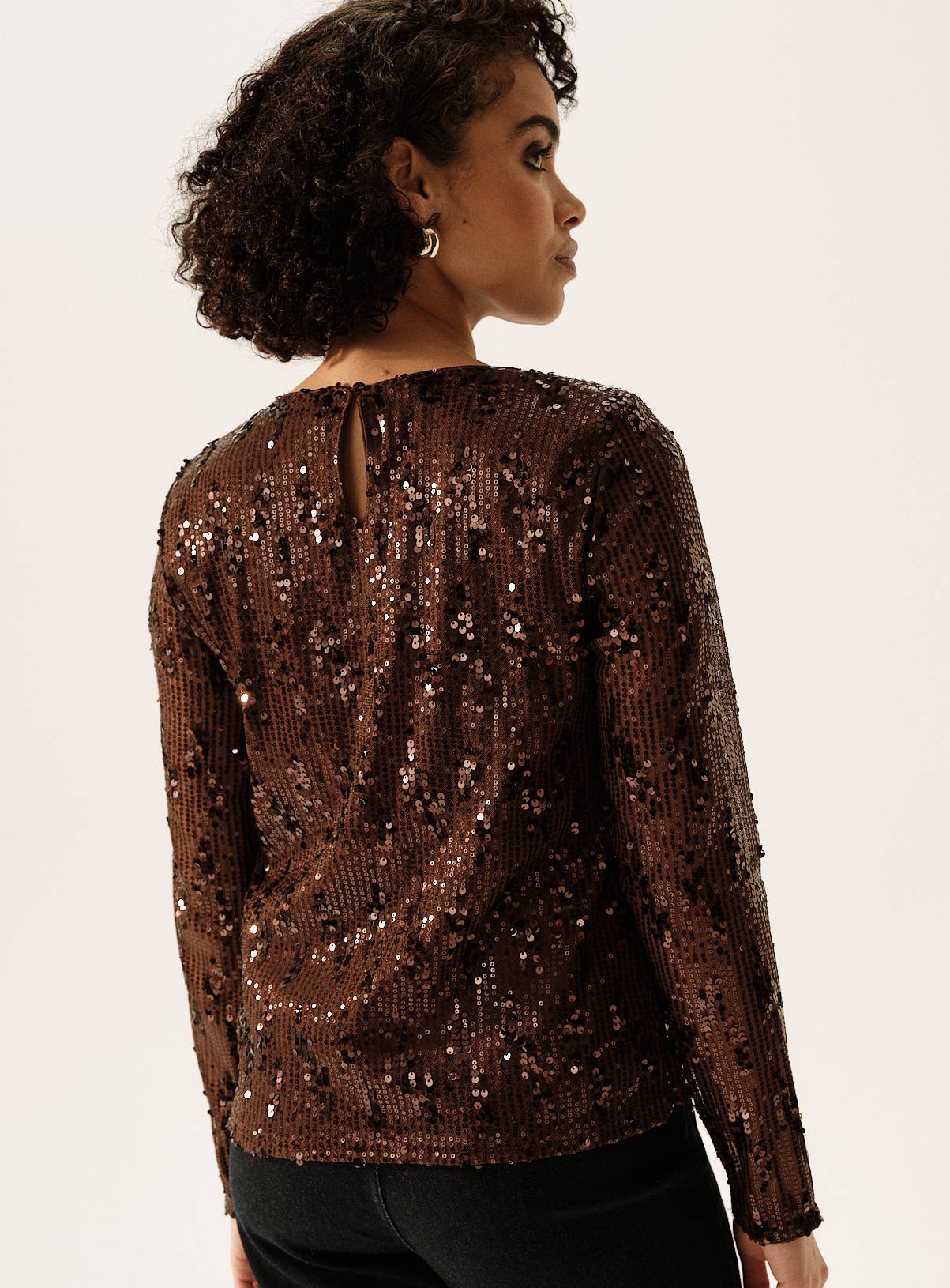 Brown Sequin Embellished Long Sleeve Top 12 - Image 5