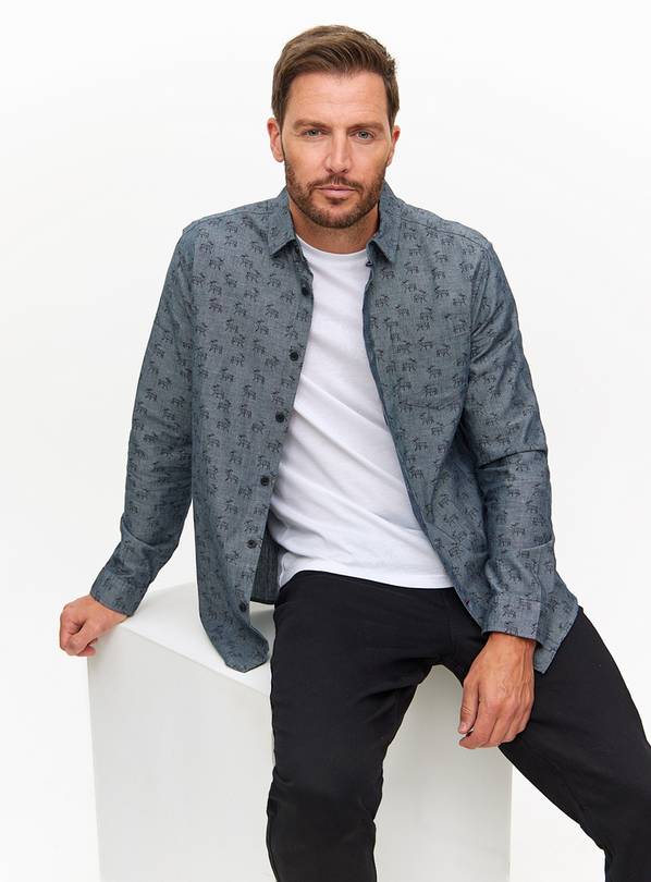 Chambray Grey Stag Printed Long Sleeve Shirt XXXXL