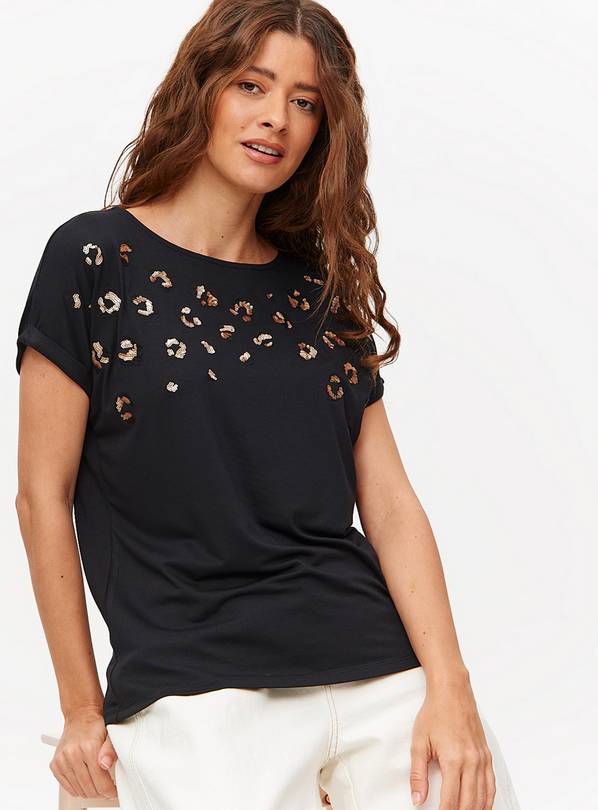 Black Leopard Sequin Detail T-Shirt 10