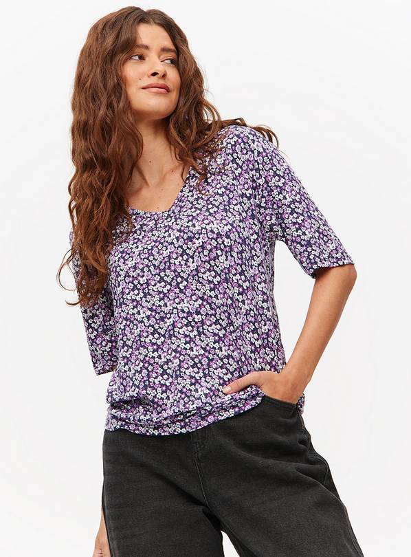 Purple Ditsy Print V Neck Relaxed T-Shirt 10