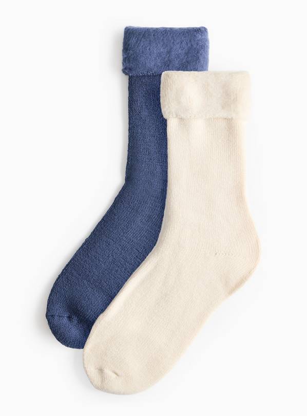 Cream & Navy Brushed Thermal Socks 2 Pack 6-11