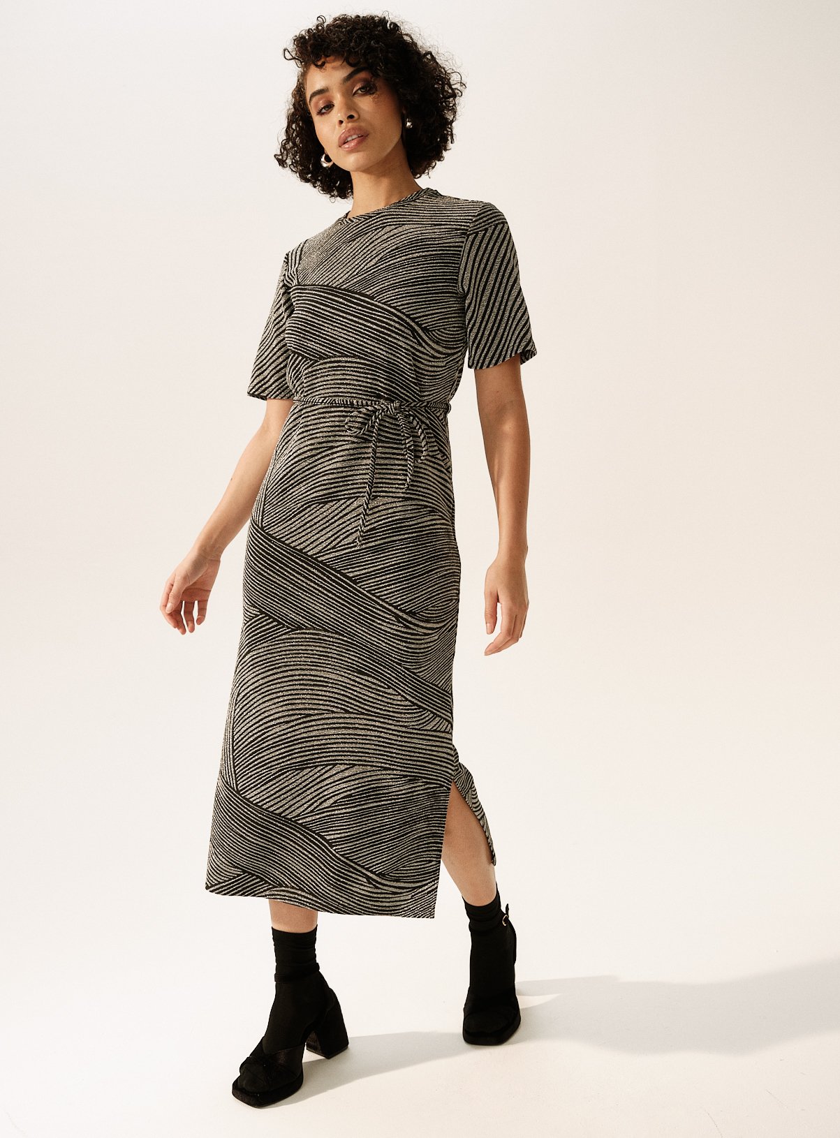 Silver Shimmer Tie-Waist Midaxi T-Shirt Dress