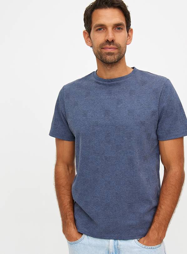 Navy Textured Crew Neck T-Shirt L