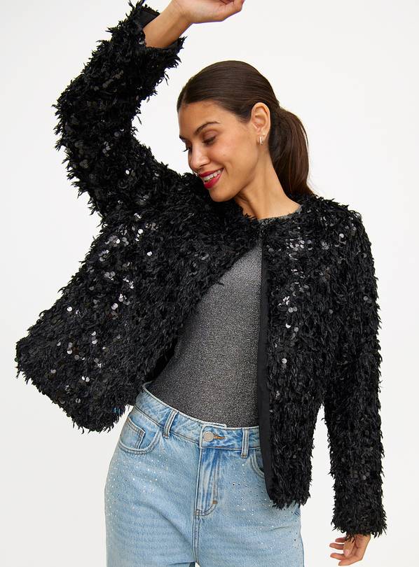 Black Sequinned Feather-Look Boxy Jacket L