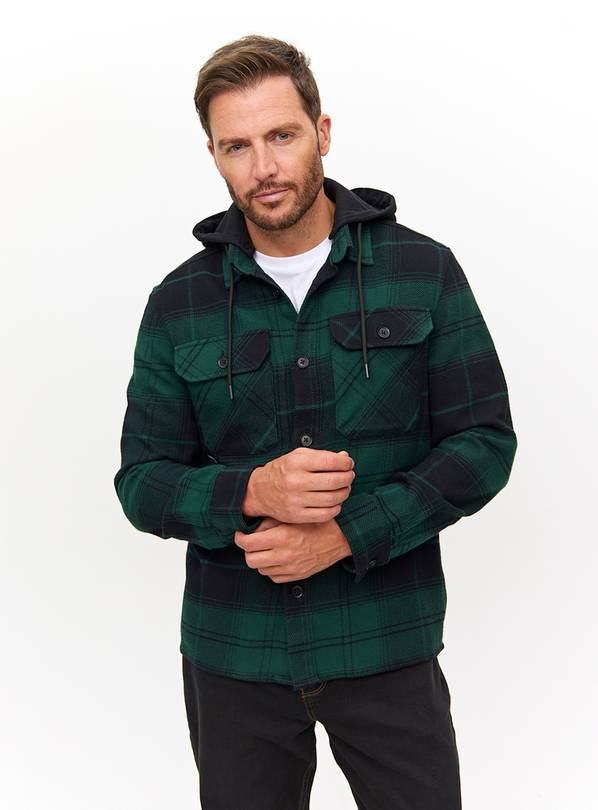 Dark Green Check Hooded Shacket L