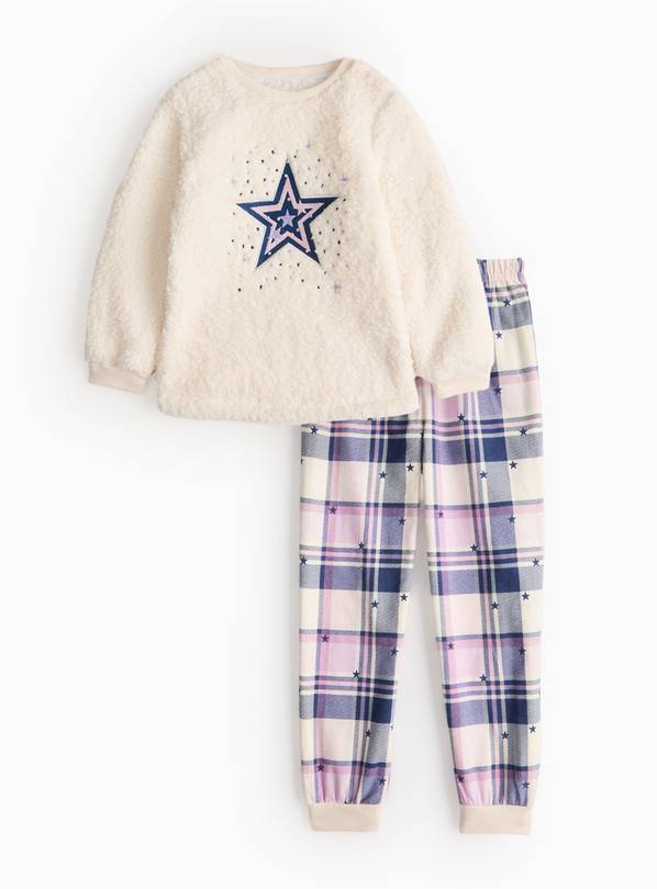 Cream Star Print Borg Fleece & Purple Check Pyjamas  1.5-2 years